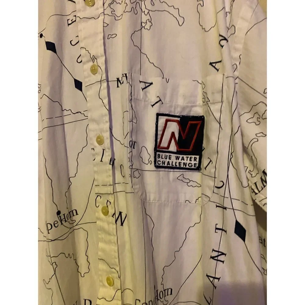 Vintage Nautica Blue water Challenge Ocean Map shirt sz Large Button up - Picture 5 of 10